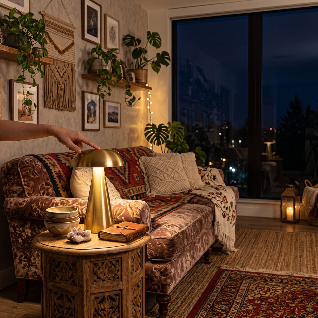 Vindemia rechargeable table lamp glowing with warm ambient light